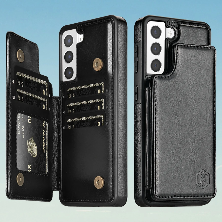 Magnetic Double Buckle RFID Blocking Leather Card Holder Wallet Case