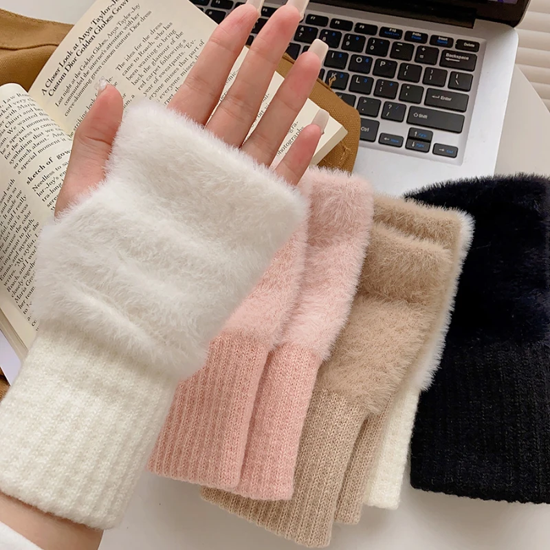 Women's Warm Wool Half Finger Gloves Winter Plush Knit Wrist Guard Solid Mittens Girls Miss Finger Touchscreen Office Students