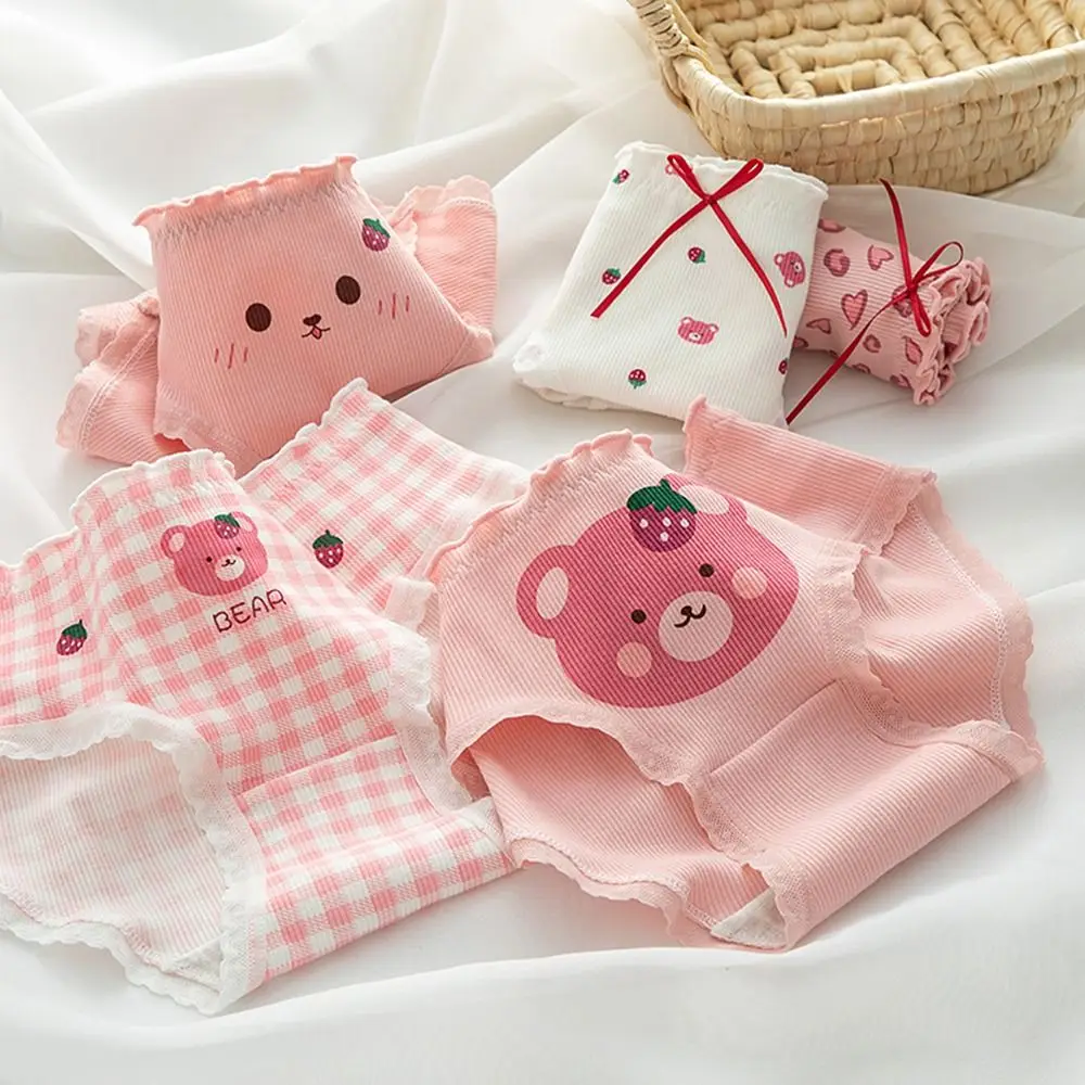 

Cute Plaid Cartoon Cotton Middle-waist Student Love Heart Plaid Thong Female Lingeries Briefs Strawberry Bear Panties