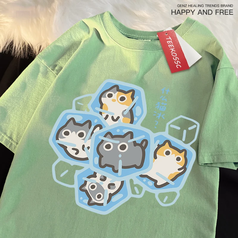 Ice Cat Fun Cartoons Cats Print Clothes Men Women Oversize Breathable T Shirt Summer Comfortable Casual T-Shirt Cotton Tee Shirt