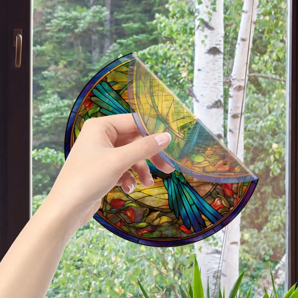 Retro Colorful Stained Hummingbird Butterfly Flower Window Glass Electrostatic Stickers Removable Anti-collision Decorative Film