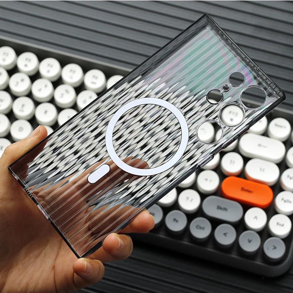 حافظة لاسلكية فاخرة بنمط مموج شفافة صلبة لهاتف Mag...