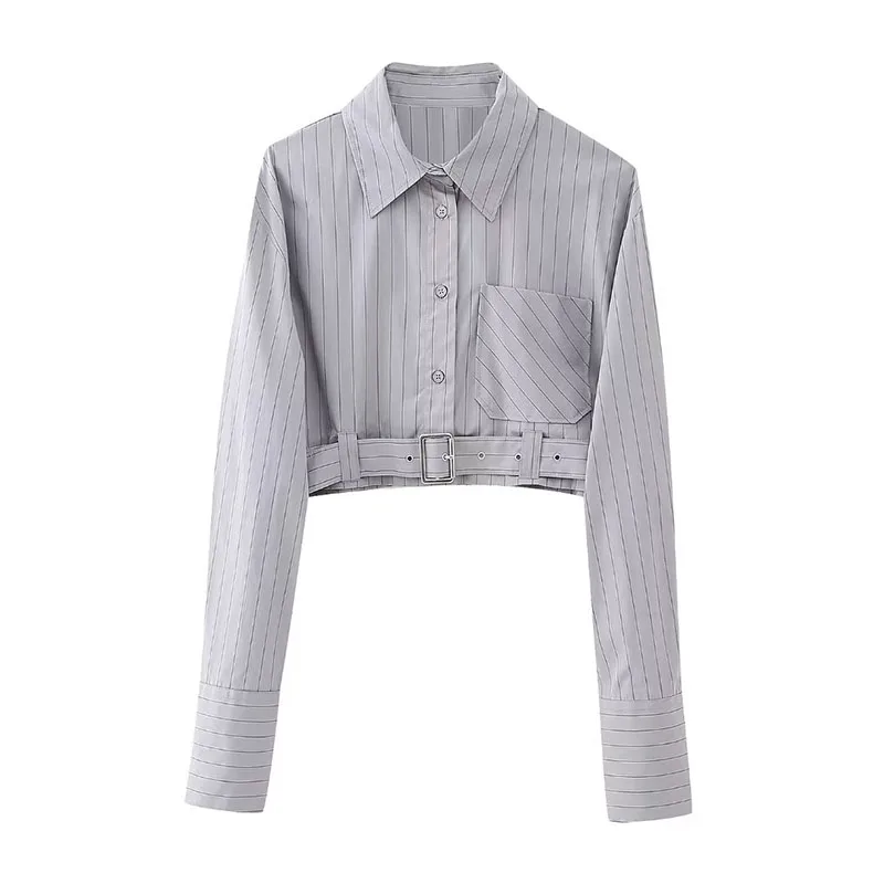 

Women 2023 Autumn Fashion With Belt Striped Cropped Blouse Vintage Long Sleeve Button Up Female Shirts Blusas Chic Tops