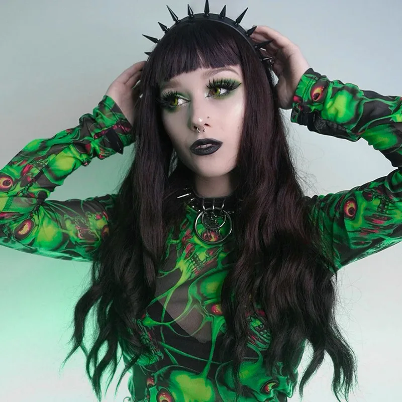 

Goth Dark Skull Print Cyber Y2k Punk Mesh T-shirts Mall Gothic Transprent Sexy Women Crop Tops Grunge Long Sleeve Emo Streetwear