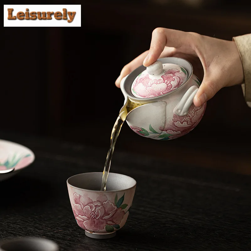 200ml Old Rock Clay Light Makeup Peony Handheld Teapot Antique Tea Infuser Pot Tea Soaking Kettle with Strainer Teaware Craft