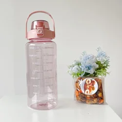 High-Capacity Reusable Sports Water Bottle with Time Marker and Straw - 2L (Pink)