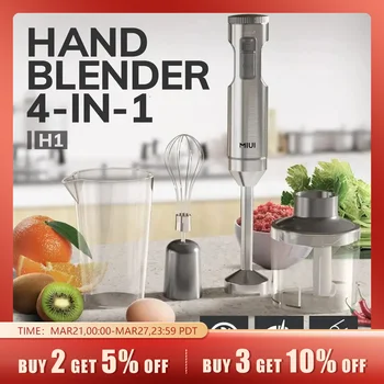 MIUI Hand Immersion Blender 1000W Powerful 4-in-1,Stainless Steel Stick Food Mixer,700ml Mixing Beaker,500ml Processor,Whisk