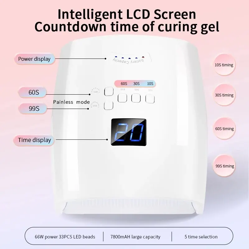 Rechargeable UV LED Nail Lamp 66W Cordless Nail Dryer for Gel Polish Professional Nail Art Manicure Tools for Home and Salon 2