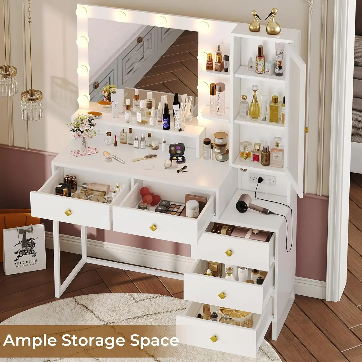 Vanity Desk with Mirror and Lights, Makeup Vanity with Lights & Charging Station, Makeup Desk with 5 Drawers & Storage Shelves 6