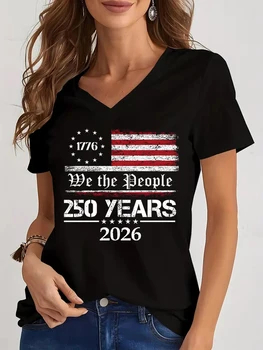 1776 2026 250th USA Birthday T Shirts Short Sleeve V-neck Tee 4th of July T-shirt Usa Flag Design for Independence Day Clothes