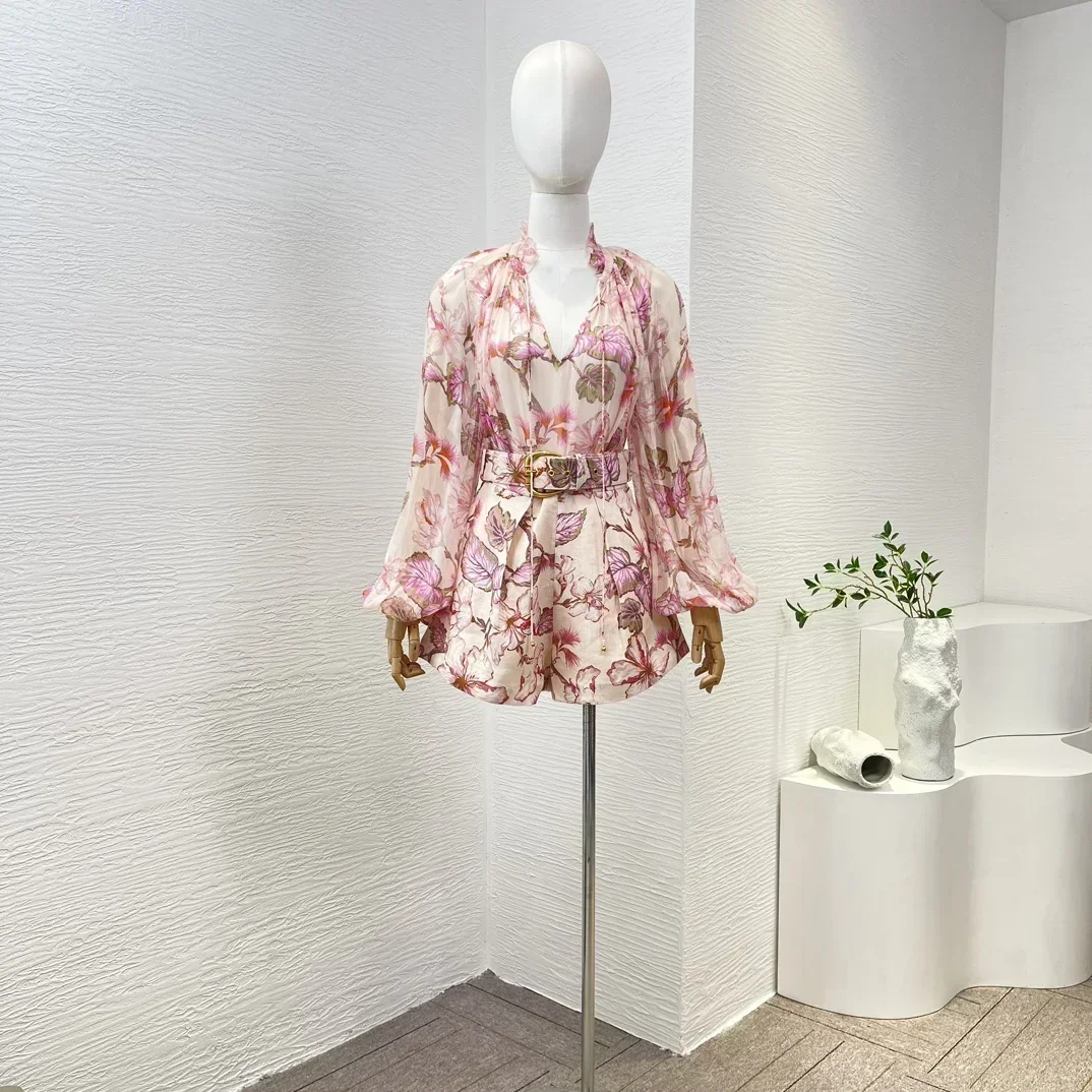 

Женский винтажный комплект из блузки и шорт с цветочным принтом, длинными рукавами-фонариками и V-образным вырезом