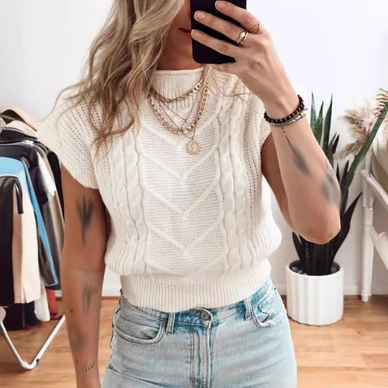 

Casual Commuter Sweater Shirt Blouses 2024 Summer Short Sleeved Solid Color Knitted Tops Women's O-neck Jacquard Slim Pullover