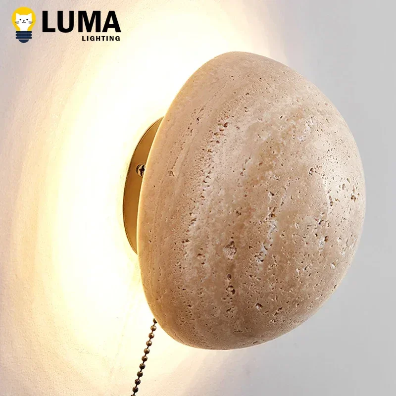 Luma Wabi-sabi Japanese Style Yellow Travertine Wall Lamp Natural Cave Stone for Bedside Stair Home Decor Outdoor Waterproof Dec