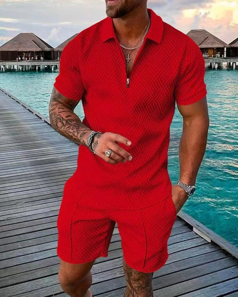 Men's Solid Color Two-piece Sets Casual Zipper Lapel Neck Pullover POLO Shirt Loose Waist Shorts Summer Daily Sports Male Suit 2