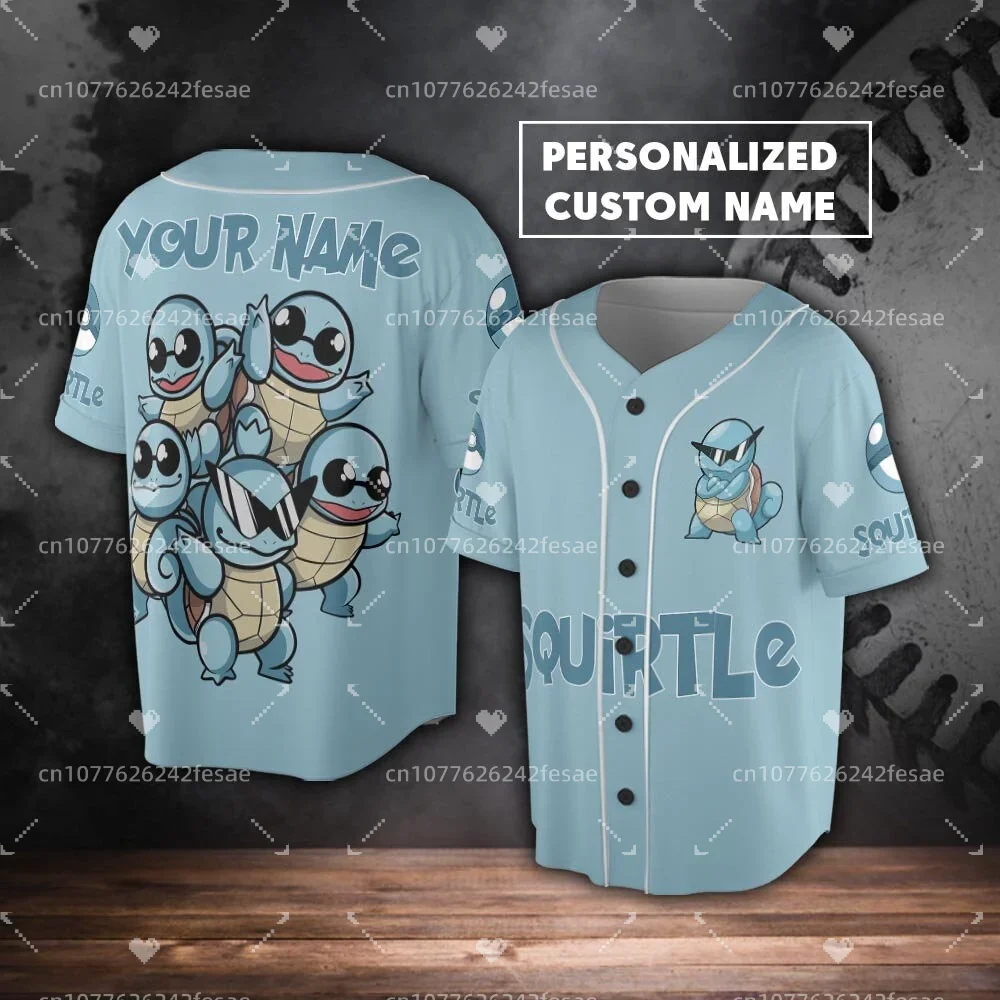

New Custom Name Pokemon Squirtle Baseball Jersey Men's and Women's And Kids's Short Sleeve Sportswear Pokemon Baseball shirt