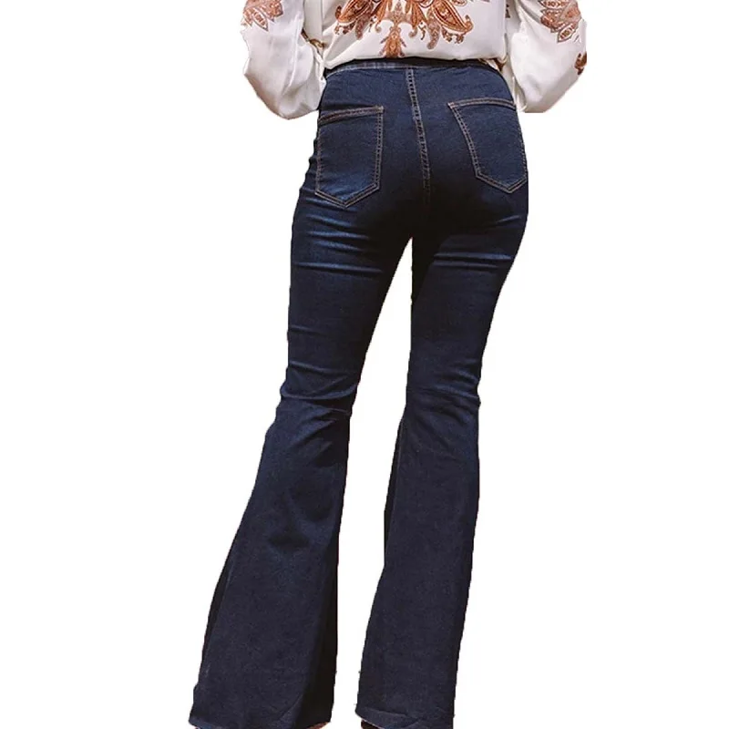 Women Spring Elastic High Waisted Blue Black Jeans Flare Pants Loose Summer Full Length Mom Jeans Pants Vintage Denim Trousers