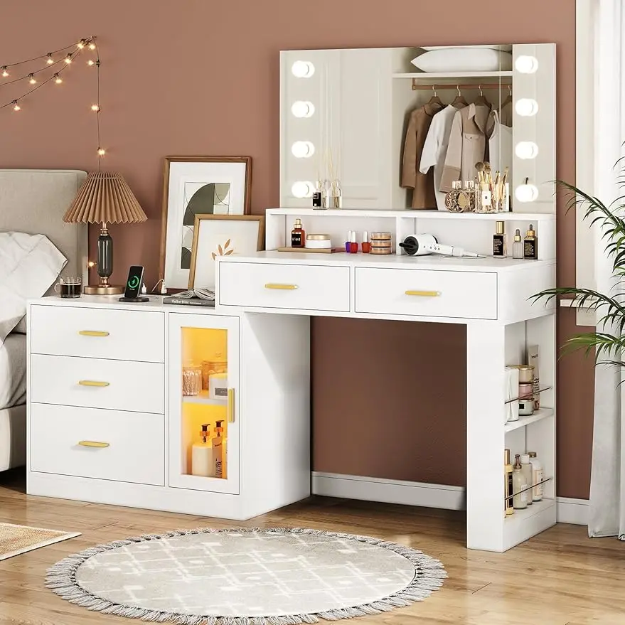 

AOGLLATI Makeup Vanity Desk with Mirror and Lights & Charging Station, White Vanity Table with 3 Drawers LED Dresser, Makeup Des