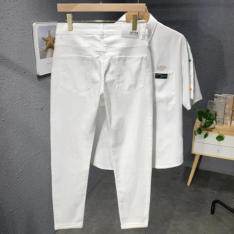 2024 Spring and Autumn New Men's Street Casual Fashion Jeans Straight Stretch Slim Fit Casual Denim Trousers Male Black White 4