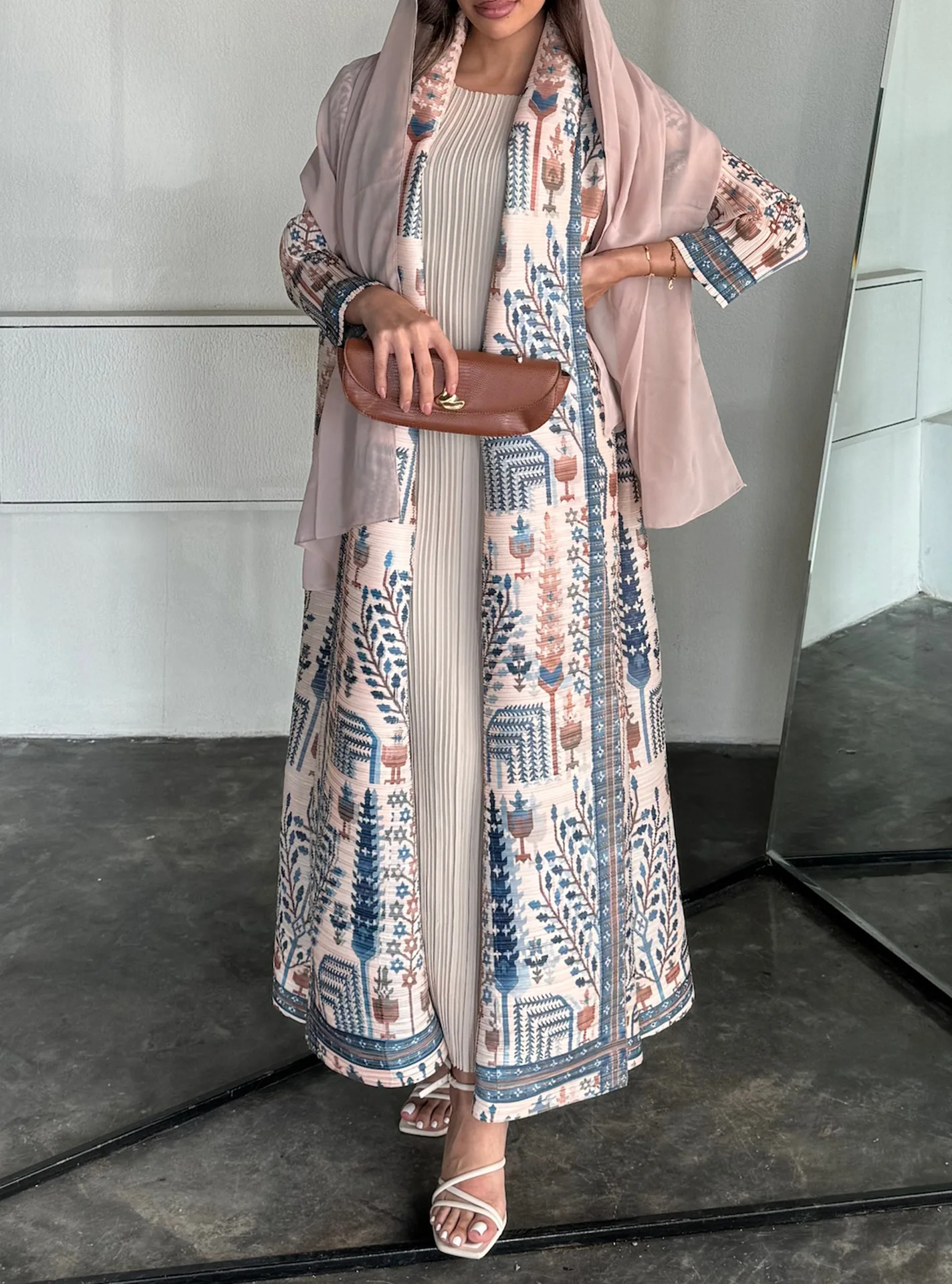 Women's Fold Miyake Pleated Abaya Long Sleeve Print Foldable Collar Robe Cardigan Coat Winter Original Design