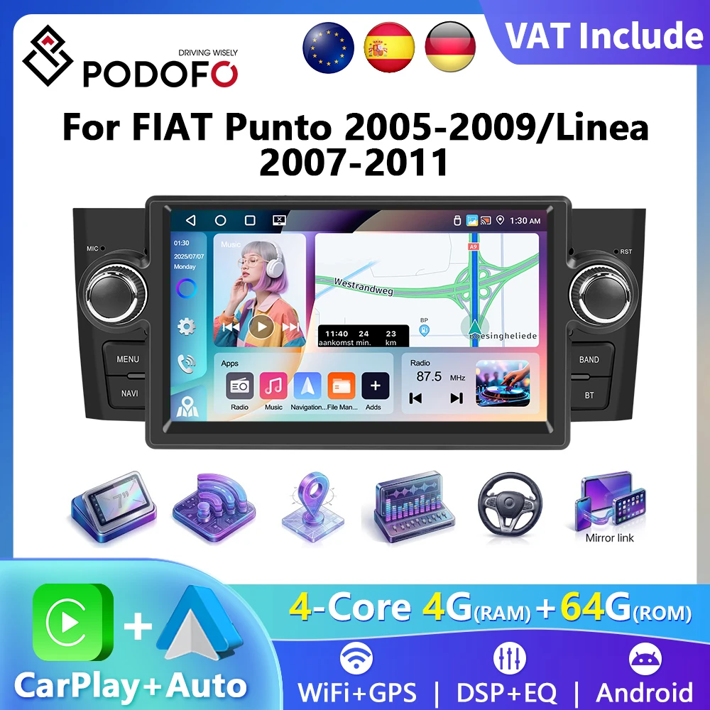 Podofo Autoradio 7 pouces HD à écran tactile, CarPlay sans fil, Android Auto, pour FIAT Punto 2005-20009/Linea 2007-2011, lecteur multimédia pour voiture, GPS, FM, WIFI, Bluetooth, Mirror Link, Autoradio, stéréo, commande au volant 1 Podofo Autoradio 7 pouces HD à écran tactile, CarPlay sans fil, Android Auto, pour FIAT Punto 2005-20009/Linea 2007-2011, lecteur multimédia pour voiture, GPS, FM, WIFI, Bluetooth, Mirror Link, Autoradio, stéréo, commande au volant 1