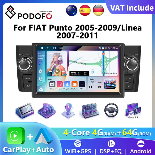 Podofo Autoradio 7 pouces HD à écran tactile, CarPlay sans fil, Android Auto, pour FIAT Punto 2005-20009/Linea 2007-2011, lecteur multimédia pour voiture, GPS, FM, WIFI, Bluetooth, Mirror Link, Autoradio, stéréo, commande au volant 1