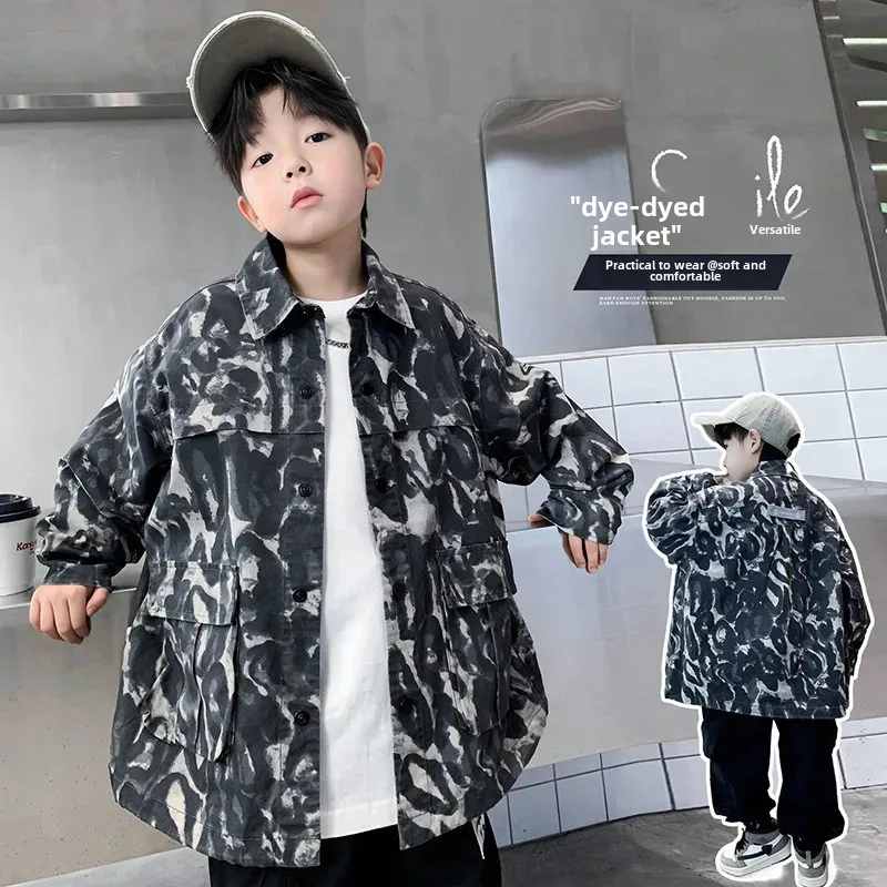 Korean Style Dyed Jacket for Boys Spring Autumn Loose Fashionable Top Children's Autumn Wear Handsome And Cool
