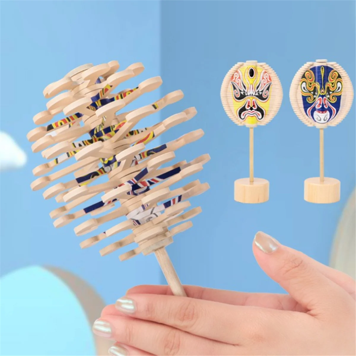 Wooden Spiral Lollipop Toys Rotating Spin Magic Wand Stress Relief for Adults Chinese Opera Face Yellow 2