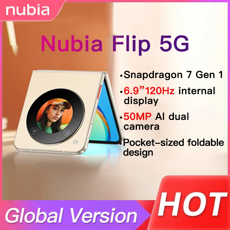 Флип-телефон Глобальная версия Nubia, двойная камера 50 МП с искусственным интеллектом, 6,9 дюйма, Snapdragon 7 Gen 1, 120 Гц, 4310 мАч, аккумулятор 33 Вт, телефон с быстрой зарядкой