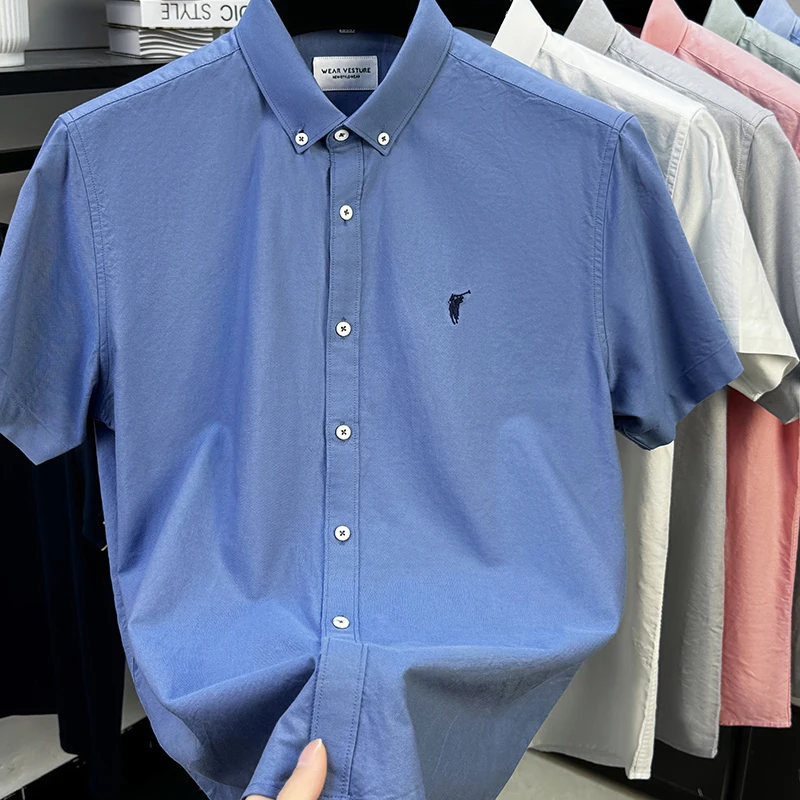Solid Color Cotton Embroidered Small Horse Logo Shirt, Men's Short Sleeved Casual Versatile High-end Spring and Autumn Shirt