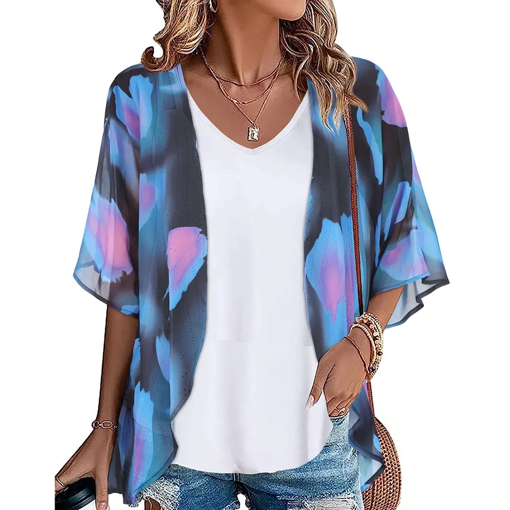 Summer Beach Chiffon Cover Ups Kimono Cardigan Shirt Trendy Breathable Half Sleeved Tops Short Sleeves Beach Swimwear For Female
