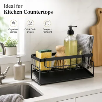 Metal Kitchen Sink Organizer Heavy Duty Caddy Countertop Sponge Holder with Drain Tray for Dish Soap and Scrubber Storage 1
