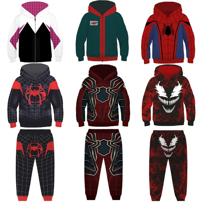 

Spider-Man Gwen Miles Morales Zip Up Hoodies Spider-Verse Venom 3D Hooded Hoodies Superhero Boys Girls Outwear Jacket Pants