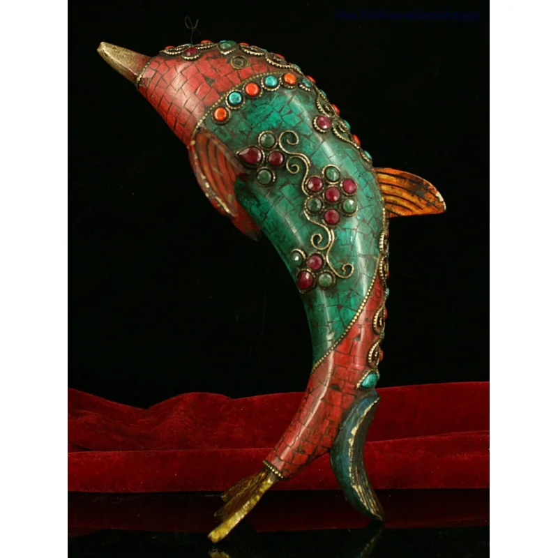 

8.8" Collect China Bronze Gilt Inlay Turquoise Gem Dolphin Fish Statue Sculpture
