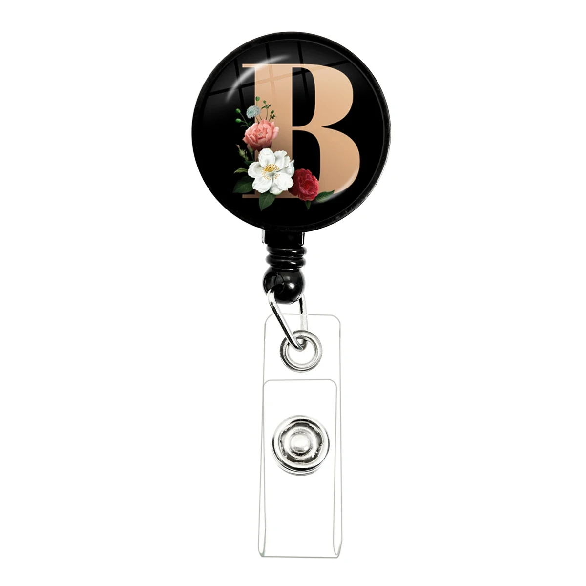 ID Badge Holder Nurse Doctor Black Badge Reel Retractable A-Z Round Glass Key Ring