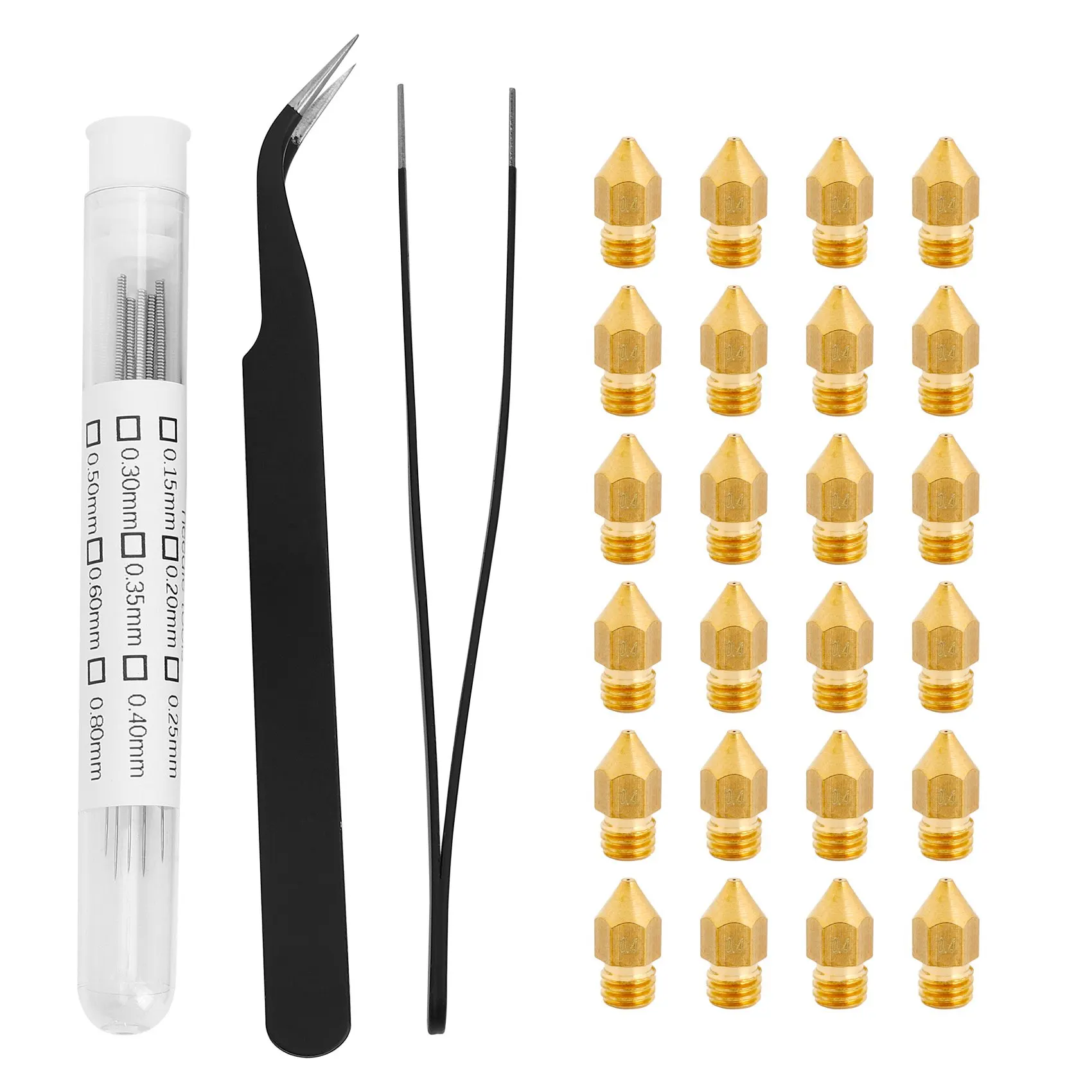 

24 шт. 0,4 мм сопла для 3D принтера, сопла экструдера для MK8 с иглой для очистки сопла, пинцет для Makerbot Creality CR-10