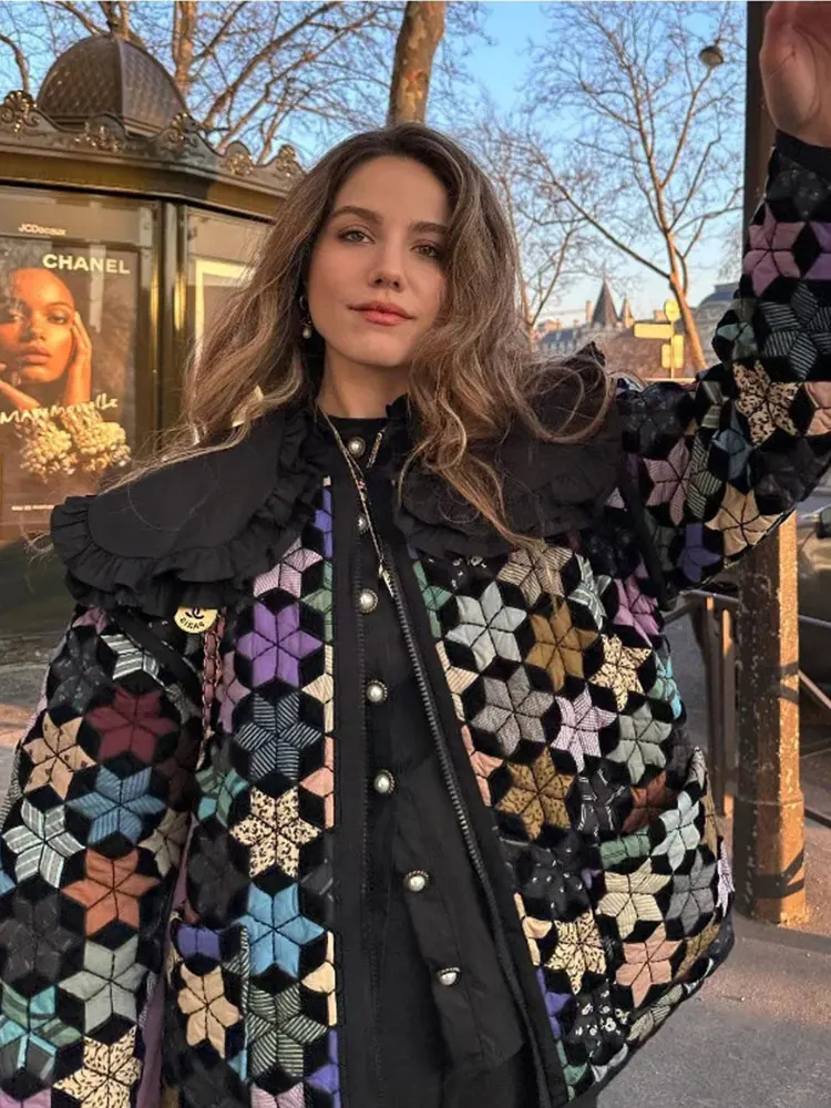 

TRAF 2023 Winter Geometric Print Women Cotton Padded Coat Long Sleeve Loose Quilted Jacket Female Top Parkas