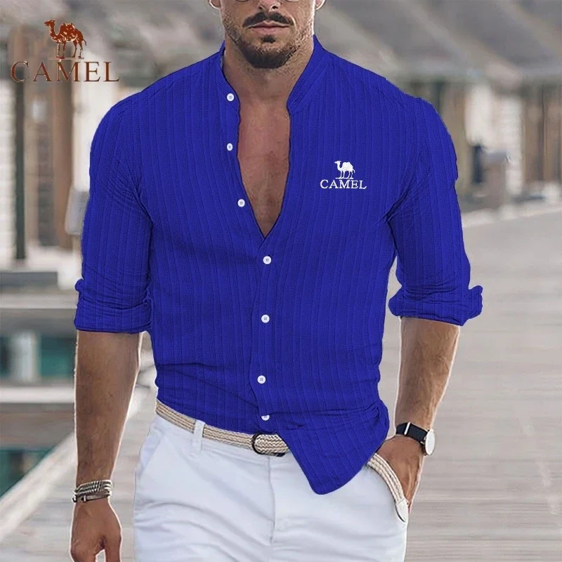 

New Embroidered CAMEL Cotton Linen Stripe Casual Short Sleeved Shirt for Men's Summer Fashion Cool and Breathable Polo Shirt Top