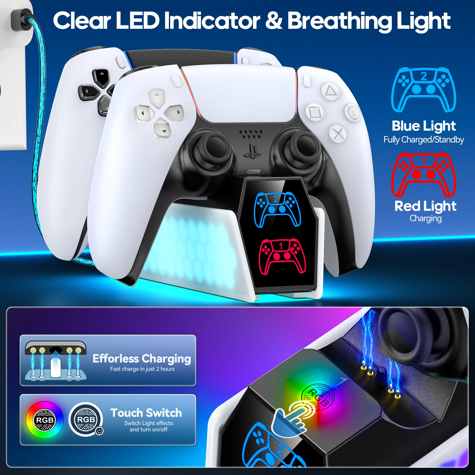 For PS5 Controller Charging Station With LED Indicators Fast 