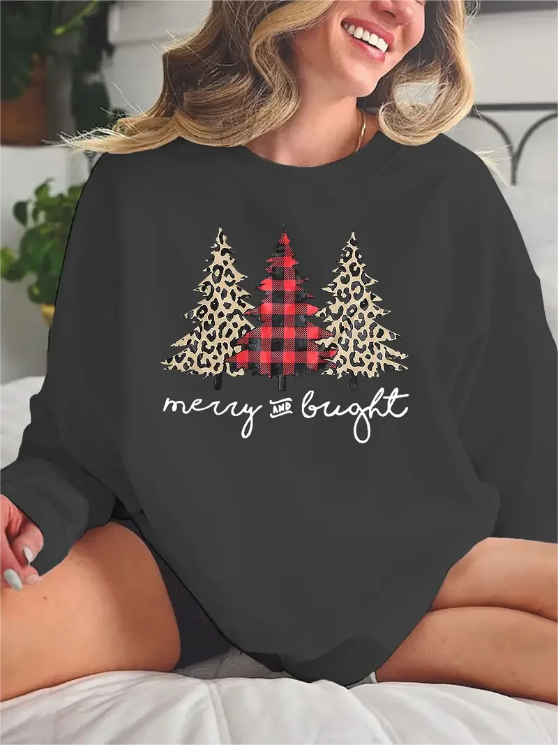 Christmas Plaid Tree Print Sweatshirt Cute Long Sleeve Crew Neck Sweatshirt Women's Clothing