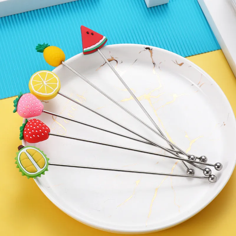 Silicone Fruit Head Stainless Steel Stirring Rod Long Handle Cocktail Drinks Mixing Sticks Mixer Barware Muddler Bar Accessories