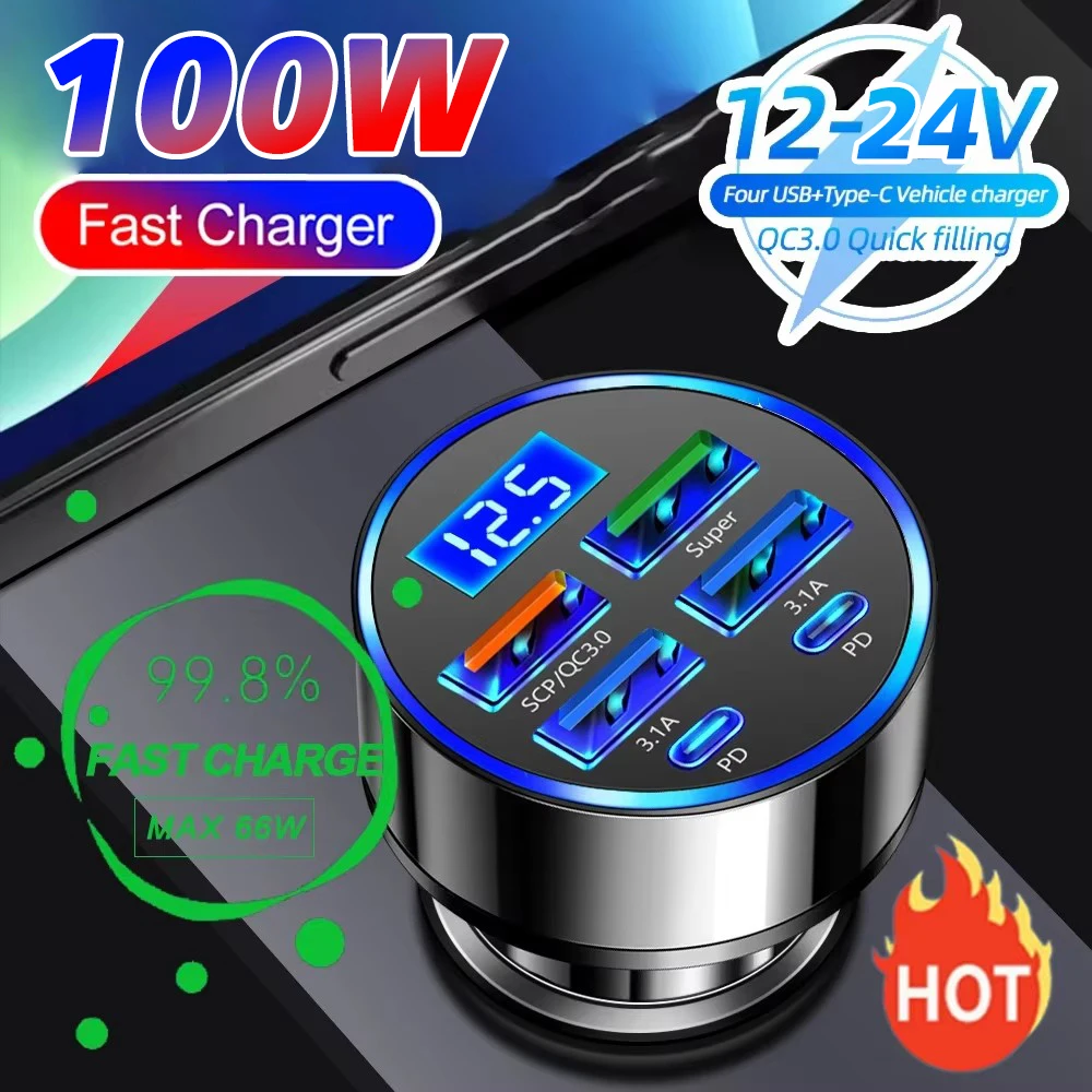 100W 5/6 Ports Car Charger Digital Display Fast Charging USB Car Lighter PD QC3.0 Car Phone Charger for iPhone Samsung Xiaomi