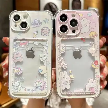 INS Korean Cute Pink Rabbit Card Slot Bag Holder Phone Case for IPhone 16 15 14 13 12 11 Pro Max 16 Plus 12 Mini 7 8 X XR Cover 1