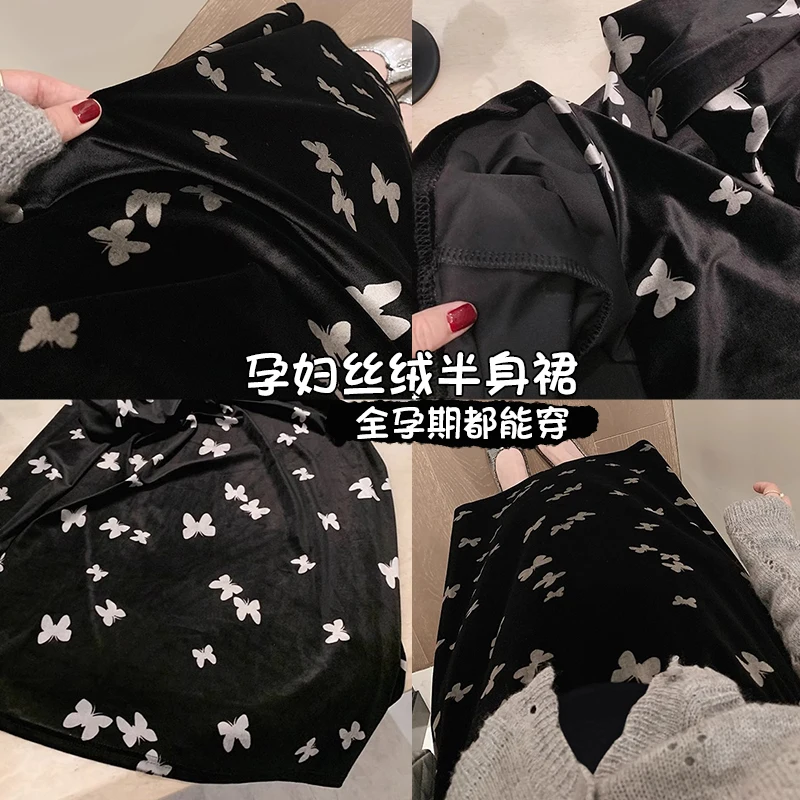 french style maternity autumn winter skirt vintage pregnant woman straight skirts with butterfly black pregnancy velour skirts