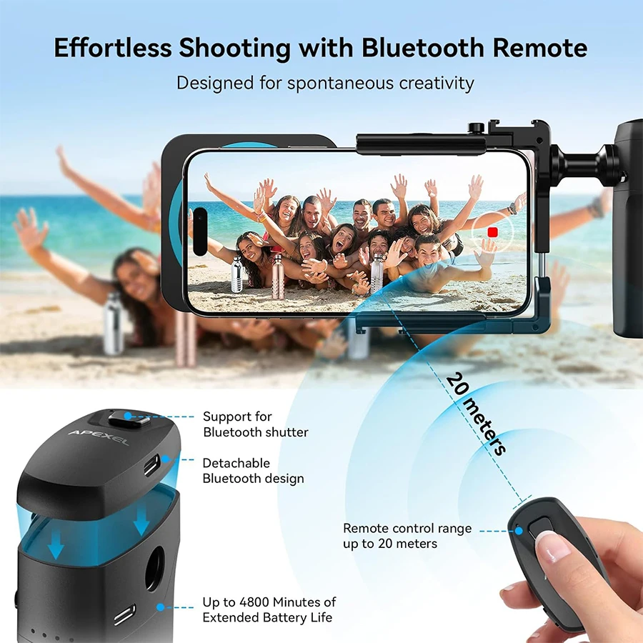 Universal Aluminum Phone Cage Rig with Rechargeable Handle Bluetooth Shutter Stabilizer for iPhone Android Video Shooting