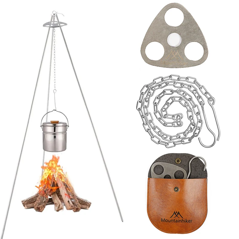 

Detachable Portable Camping Tripod Board Adjustable Titanium Hanging Chain with Hooks Fixed-loop for Pot Grill Stainless Steel