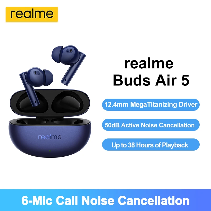 

Realme Buds Air 5 Bluetooth 50dB Active Noise Cancellation 5.3 Earphone Super Low Latency True Wireless Headphone Bluetooth