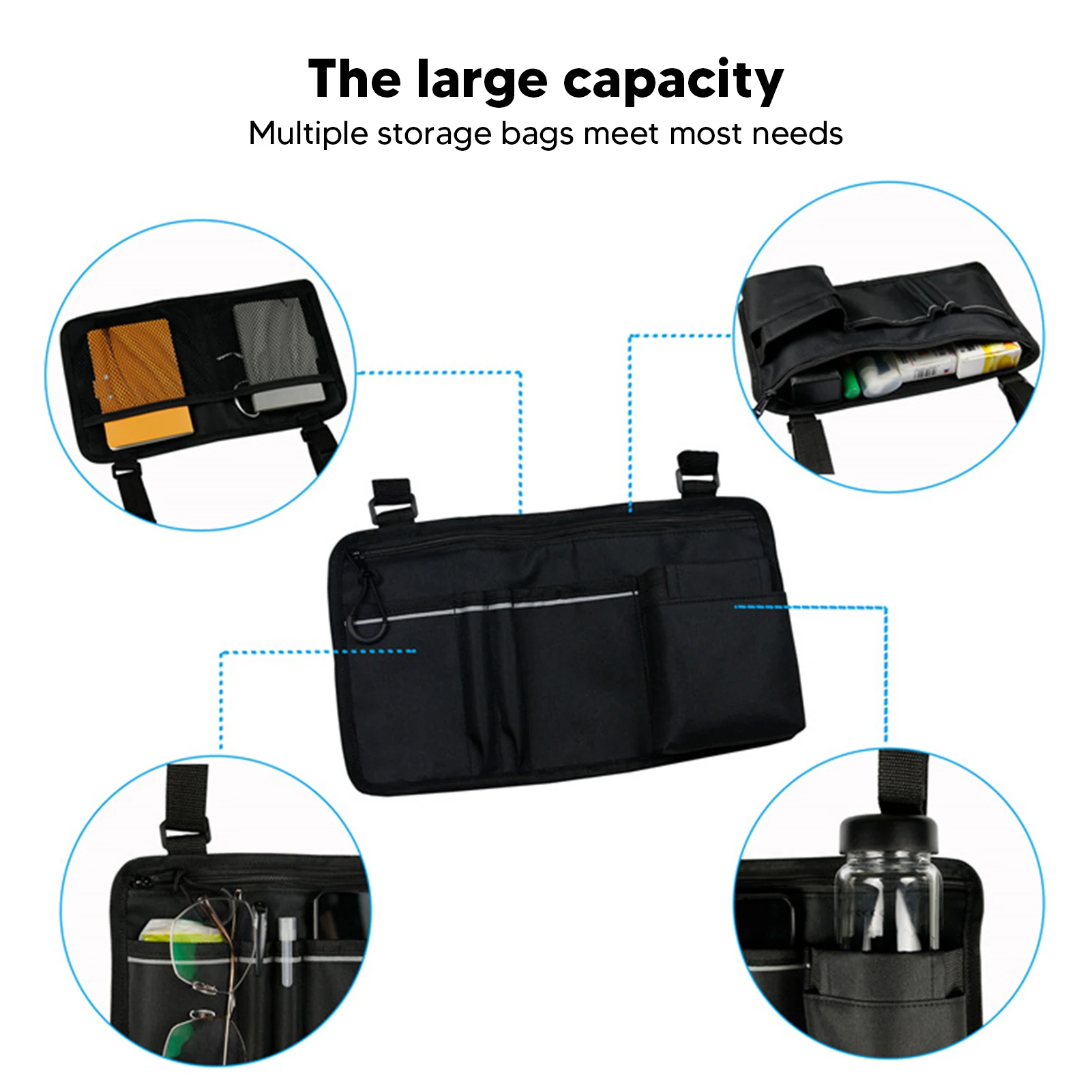 Wheelchair Armrest Side Storage Bag Waterproof Portable Pocket with Reflective Strip For Seniors Elderly Wheelchair Accessories