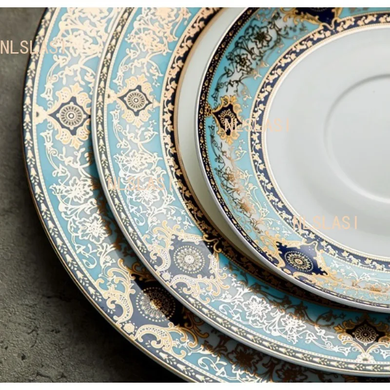 1pcs  Ceramic Steak Plate Household Round Western Flat Plate European High-quality Tableware Underglaze Color Craftsmanship