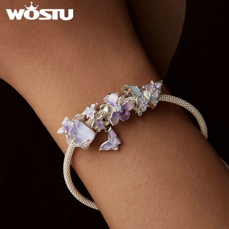WOSTU 신비한 나비 매력 보라색 아이리스 꽃 비즈 크리스탈 펜던트 맞는 DIY 팔찌 목걸이 파티 선물