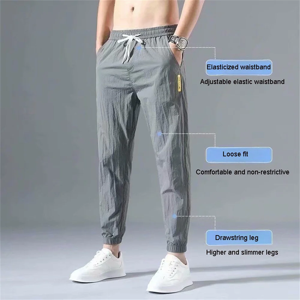 Men's Cotton Linen Pants Summer Cool Casual Long Pants Ice Silk Pants Slim Straight Sports Pants Jogging Pants Men Gym Trousers